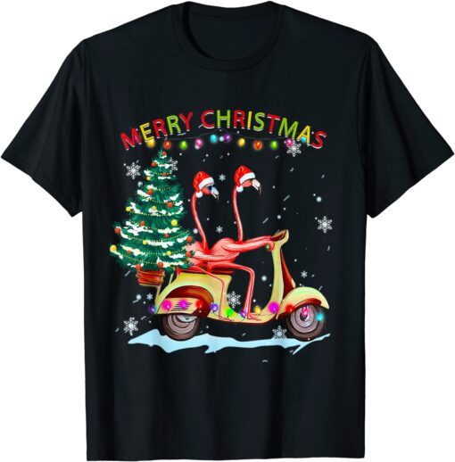 Flamingo Santa Hat Xmas Light Motobike Christmas Holiday T-Shirt