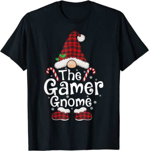 Gamer Gnome Buffalo Plaid Matching Family Christmas Tee Shirt