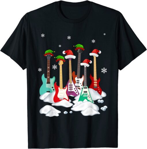 Guitar Santa Hat Christmas Tree Music Loves Xmas Tee Shirt