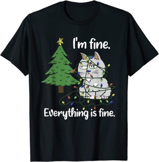 I'm Fine Everything Is Fine Tangled Up Cat Christmas Lights T-Shirt