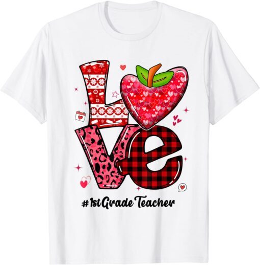 Love 1st Grade Teacher Leopard Heart Valentines Day Tee Shirt