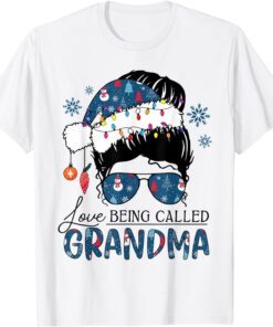 Love Being Called Grandma Messy Bun Xmas Lights Santa Hat Tee Shirt