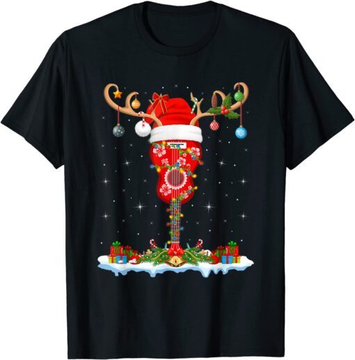 Mele Kalikimaka Santa Hat Reindeer Ukulele Guitar Christmas Tee Shirt