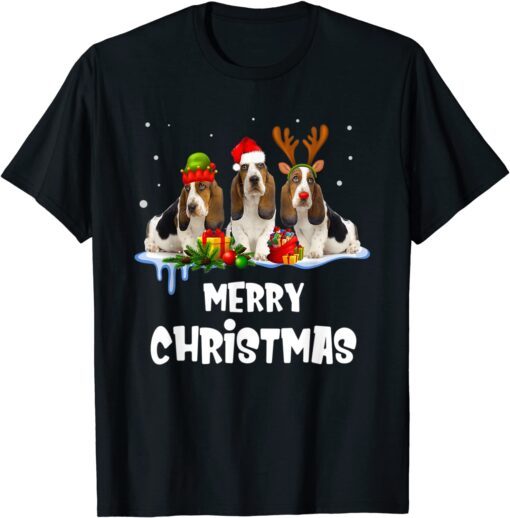 Merry Basset Hound Dog Christmas Pajama Reindeer Santa Light Tee Shirt