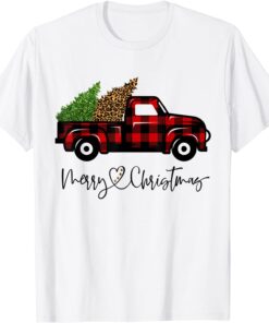 Merry Christmas Buffalo Truck Tree Red Plaid Leopard Tee Shirt