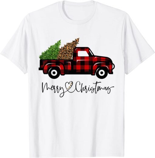 Merry Christmas Buffalo Truck Tree Red Plaid Leopard Tee Shirt