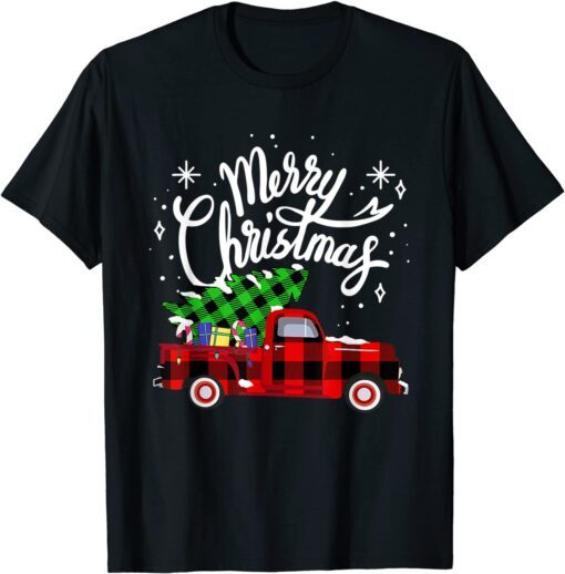 Merry Christmas Buffalo Truck Tree Red Plaid family matching Tee Shirt