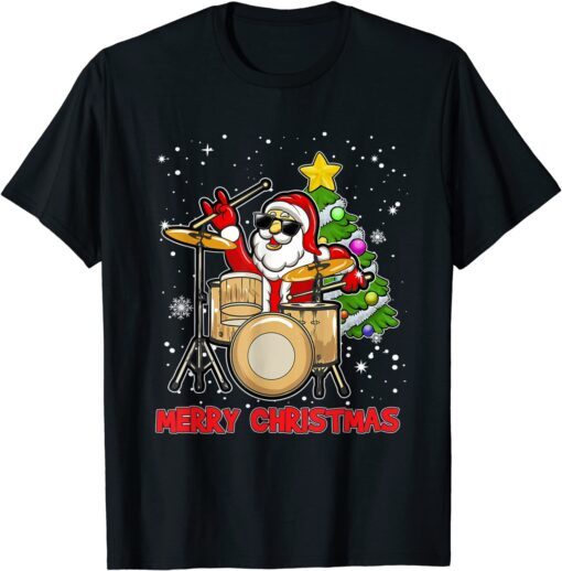 Merry Christmas Drum And Santa Drummer Lover Xmas Tee Shirt