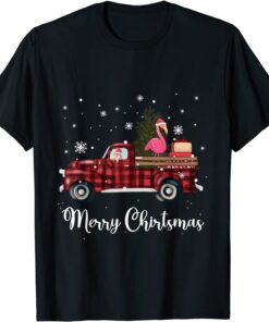 Merry Christmas Flamingo Farm Red Truck with Christmas Tree Tee Shirt