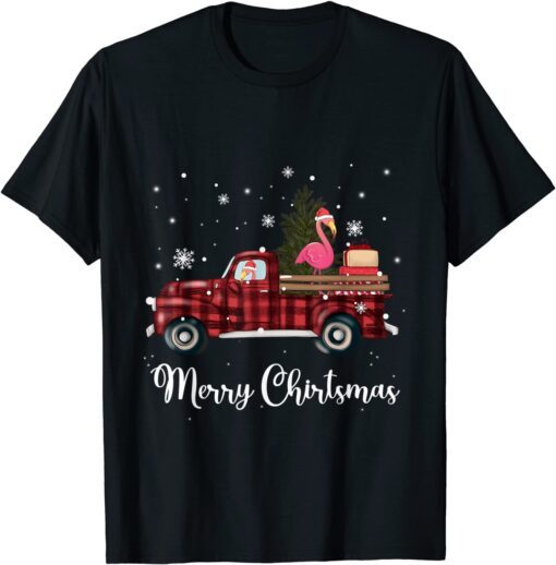 Merry Christmas Flamingo Farm Red Truck with Christmas Tree Tee Shirt