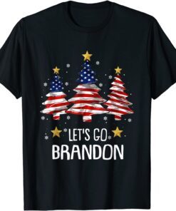 Merry Christmas Let's Go Brandon US Flag Three Pine Trees Tee Shirt