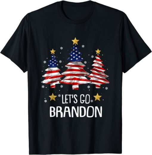 Merry Christmas Let's Go Brandon US Flag Three Pine Trees Tee Shirt