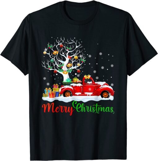 Merry Christmas Red Truck Plaid Christmas Tree Lights Snow Tee Shirt