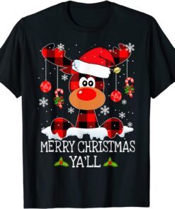 Merry Christmas Ya'll Buffalo Red Plaid Reindeer Santa Hat Tee Shirt