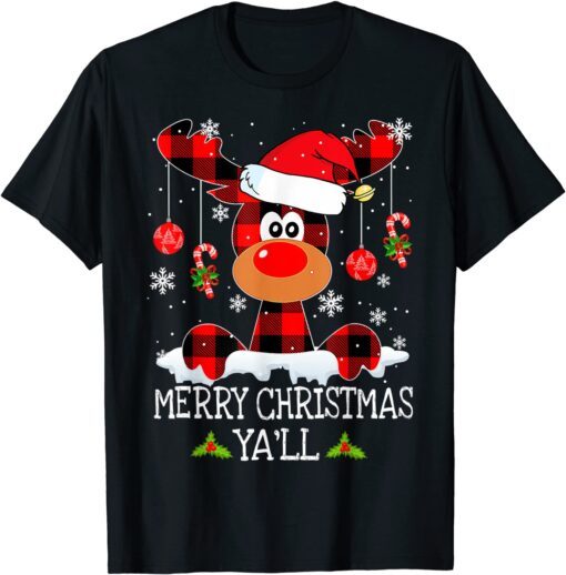 Merry Christmas Ya'll Buffalo Red Plaid Reindeer Santa Hat Tee Shirt