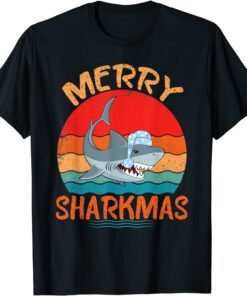 Merry Sharkmas Shark Santa Ugly Christmas Lights Tee Shirt