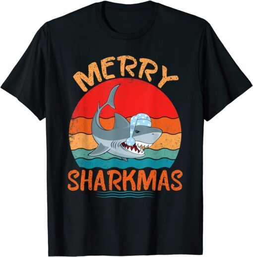 Merry Sharkmas Shark Santa Ugly Christmas Lights Tee Shirt