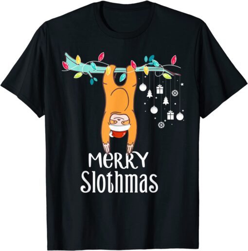 Merry Slothmas Christmas Sloth Pajamas Santa Hat Xmas Sloth Tee Shirt