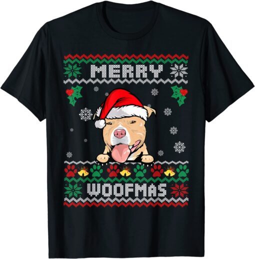 Merry Woofmas Pit Bull Dog Ugly Christmas Tee Shirt