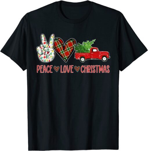 Peace Sign Love Buffalo Plaid Truck Christmas Tree Leopard Tee Shirt