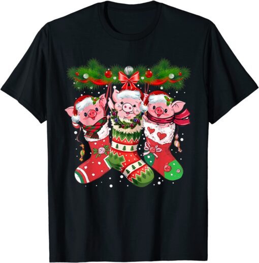 Pigs Christmas Cute Pig Socks Costume Santa Merry Xmas Tee Shirt