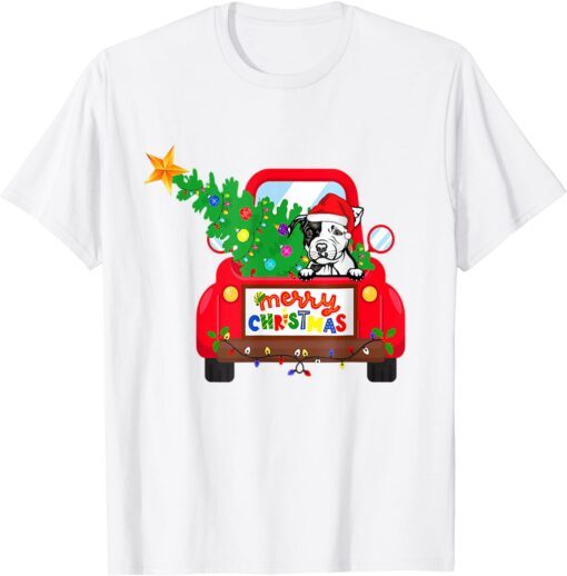 Pit Bull Dog Riding Red Truck Christmas Pajama Tee Shirt