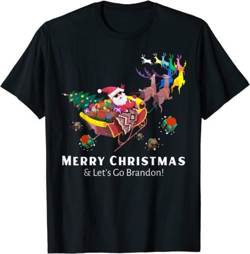 Santa Claus & Reindeer - Merry Christmas & Let's Go Brandon Tee Shirt