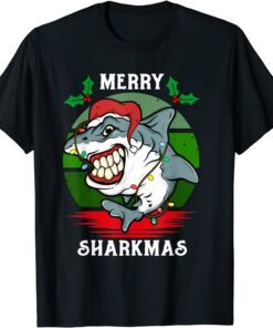 Santa Hat Shark Merry Sharkmas Christmas PJ Pajama Tee Shirt