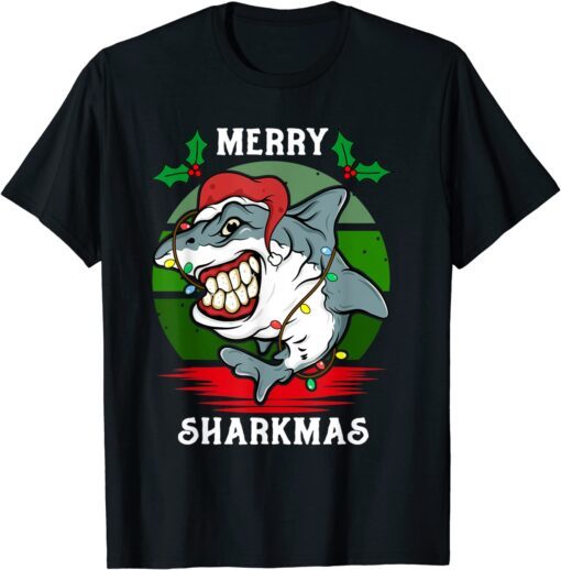 Santa Hat Shark Merry Sharkmas Christmas PJ Pajama Tee Shirt