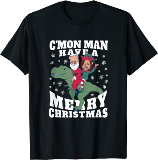 Santa Joe Biden Elf Kamala Harris Dinosaur Christmas Tee Shirt