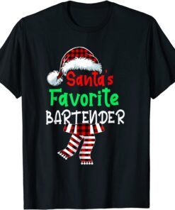 Santa's Favorite Bartender Christmas Santa Red Plaid Xmas Tee Shirt