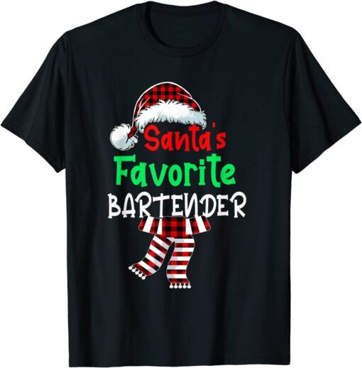 Santa's Favorite Bartender Christmas Santa Red Plaid Xmas Tee Shirt