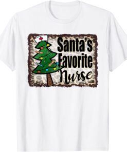 Santa’s Favorite Nurse Tree Christmas Nursing Leopard Tee Shirt