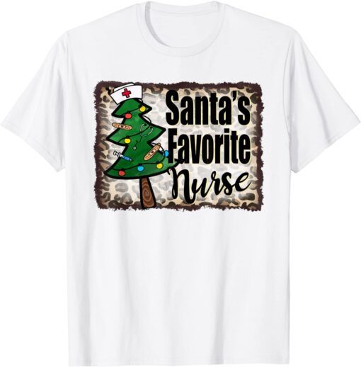 Santa’s Favorite Nurse Tree Christmas Nursing Leopard Tee Shirt