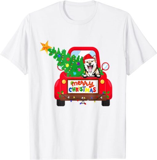 Shiba Inu Dog Riding Red Truck Christmas Pajama Tee Shirt