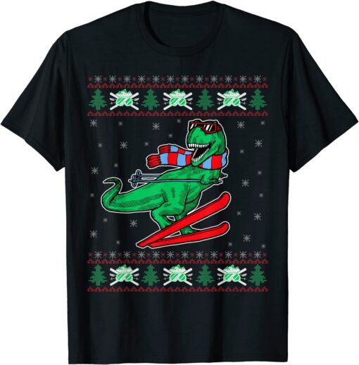 Skiing Ugly Christmas Sweater Skier T Rex Family Matching Tee Shirt