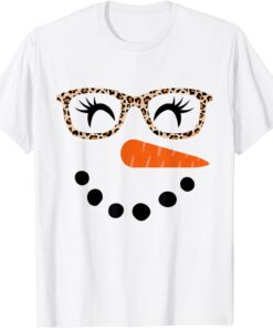 Snowman Eyelashes Leopard Glasses Christmas Tee Shirt