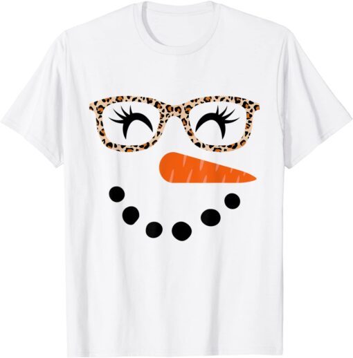 Snowman Eyelashes Leopard Glasses Christmas Tee Shirt