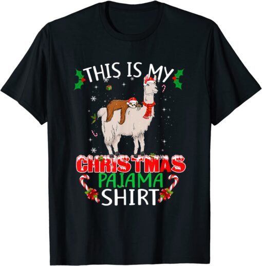 This Is My Christmas Pajama Santa Sloth Riding Llama Tee Shirt