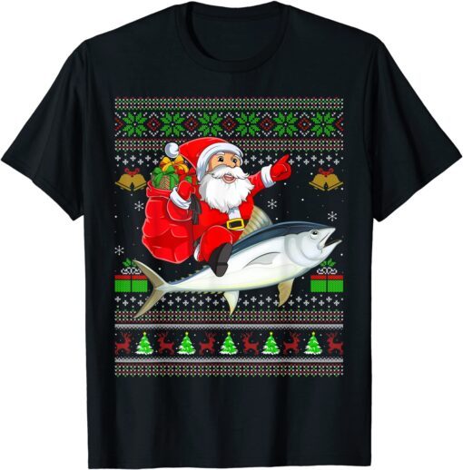 Ugly Xmas Santa Claus Riding Tuna Fish Christmas Tee Shirt