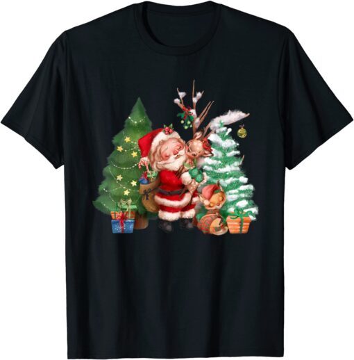 Vintage Santa Hugging a Reindeer Sweet Christmas Tee Shirt