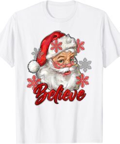 Vintage Snow And Santa Claus Merry Christmas Believe Christ Tee Shirt