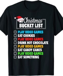 Xmas Bucket List Santa Hat Video Gamer Christmas Tee Shirt