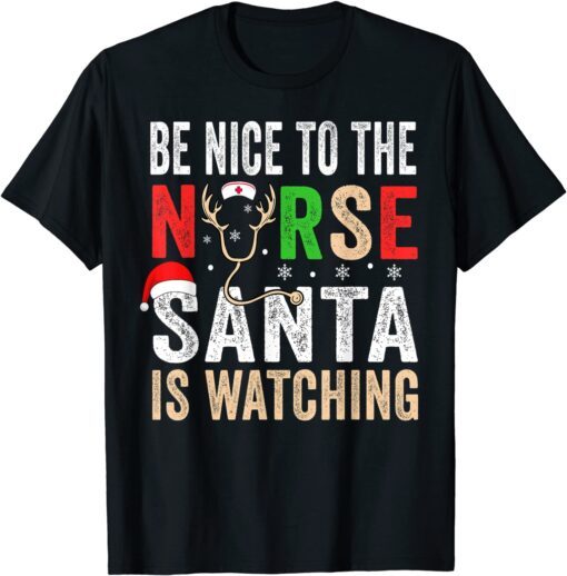 Be Nice To The Nurse Santa Nurse Christmas Scrub Tops Tee Shirt