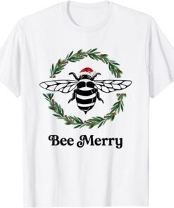 Bee Merry Christmas wreath bee Funny Xmas Santa Bumble Bee Tee Shirt