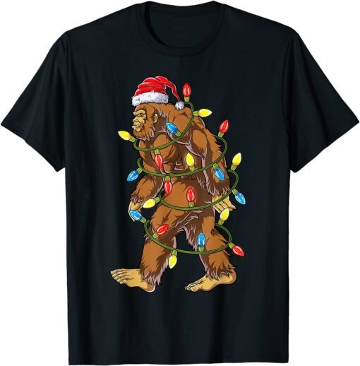 Bigfoot Santa Christmas Tree Lights Xmas Sasquatch Tee Shirt