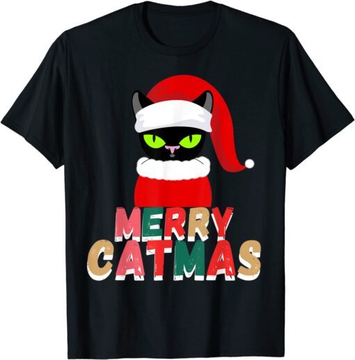 Black Cat Christmas Santa Hat Tee Shirt