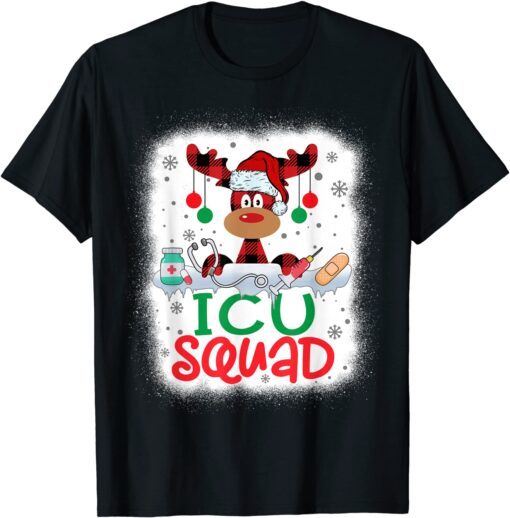 Bleached Reindeer Plaid Santa Hat ICU Squad Nurse Christmas Tee Shirt