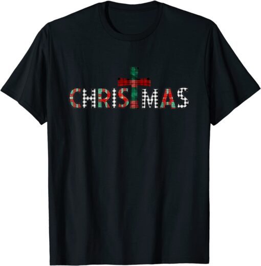 Buffalo Plaid Christmas God Jesus Cross Christian Xmas Tee Shirt