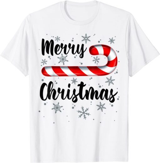 Candy Cane Merry Christmas Red and White Candy Snowflakes Tee Shirt